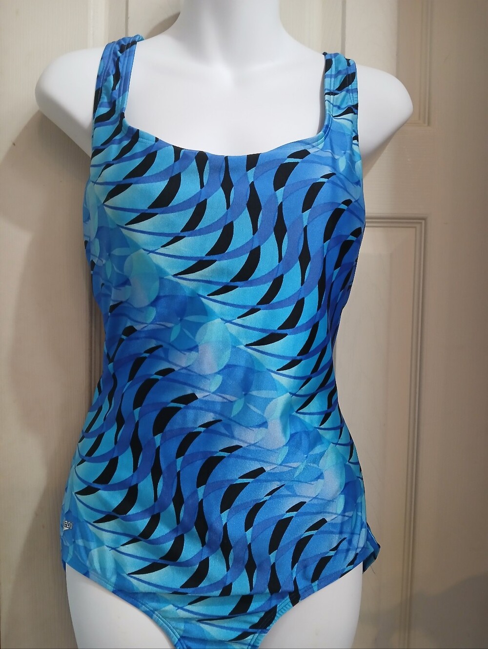 SPEEDO Blue Water VINTAGE Swimsuit Wide Cut 12 One-Piece Cross Back Square neck